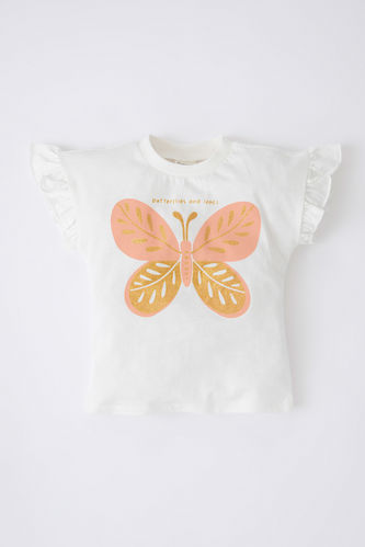 Baby Girls Regular Fit Crew Neck Butterfly Patterned Short Sleeved T-Shirt