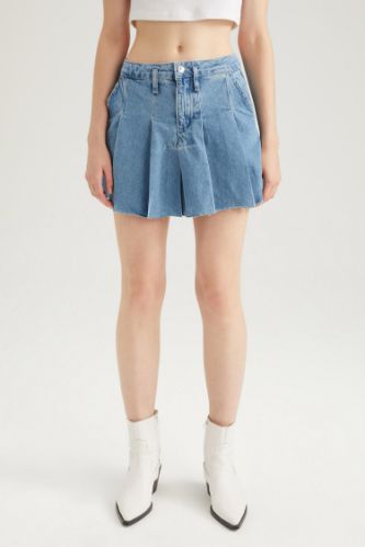 Blue WOMAN A-Line Pleated Mini Jean Skirt 2722966 | DeFacto