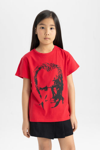 Kız Çocuk 23 Nisan Çocuk Bayramı Atatürk Baskılı Kısa Kollu Kırmızı Tişört
