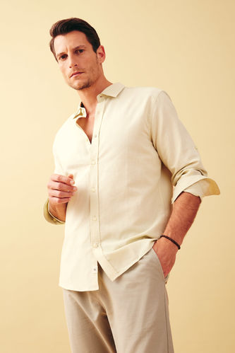 Modern Fit Polo Neck Linen Blended Long Sleeve Shirt