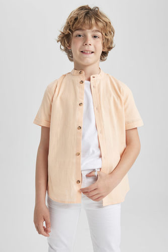 Erkek Çocuk Dik Yaka Keten Görünümlü Kısa Kollu Gömlek