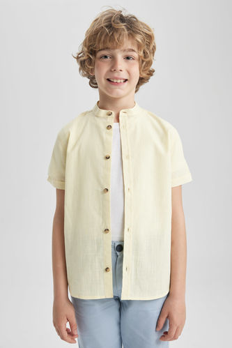 Boy Straight Collar Linen Look Short Sleeve Shirt