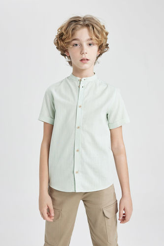 Boy Regular Fit Stand Collar Linen Look Shirt