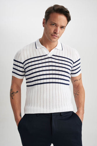 Slim Fit Polo Neck Striped Short Sleeve Knitwear T-Shirt