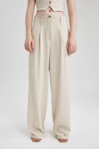 Keten Karışımlı Pantolon Wide Leg Çift Cepli Yüksek Bel Geniş Bol Paça