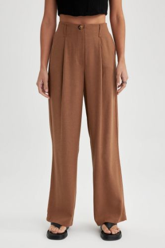 Keten Karışımlı Pantolon Wide Leg Çift Cepli Yüksek Bel Geniş Bol Paça