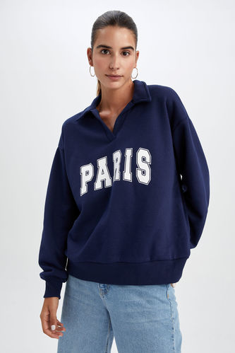 Relax Fit Polo Neck Printed Sweatshirt