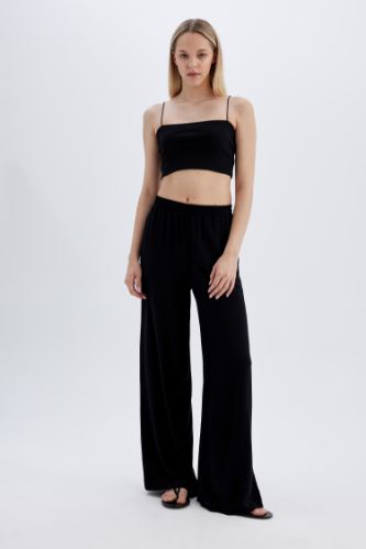 Krinkıl Viskon Pantolon Wide Leg Geniş Bol Paça Basic Düz Yüksek Bel Standart Boy