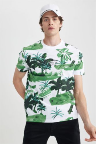 رجالي أبيض تي شيرت قطن منقوش بقصة عادية