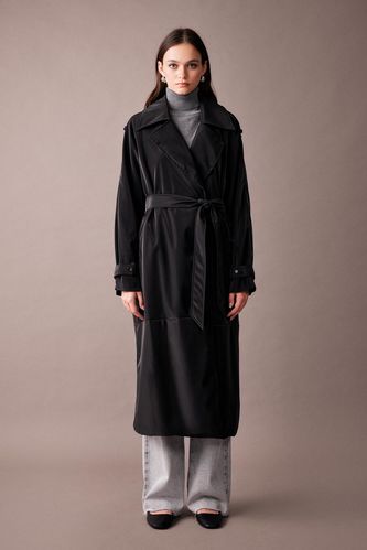 Water Repellent Faux Leather Belted Trench Coat