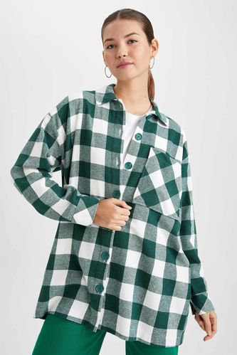Relax Fit Shirt Collar Checked Flannel Long Sleeve Tunic