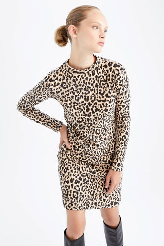 Bodycon Crew Neck Leopard Pattern Mini Long Sleeve Dress
