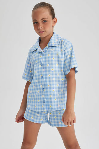 Kız Çocuk Kareli Çiçekli Kısa Kollu Pijama Takımı