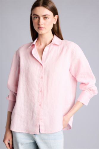 Kadın Pembe Oversize Uzun kollu Keten Gömlek