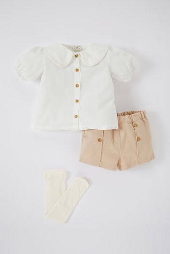 Baby Girl Short Sleeve Buckle Shorts Socks 3 Pcs Set