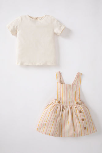 Baby Girl Striped Short Sleeved T-Shirt Gabardine Salopet Dress 2 Piece Set