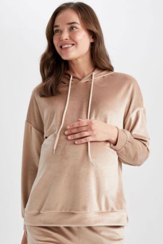 Kapüşonlu Kolları Volanlı Kadife Hamile Sweatshirt