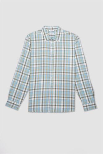 MAN Mint Regular Fit Polo Collar Flanel Plaid Long Sleeve Shirt