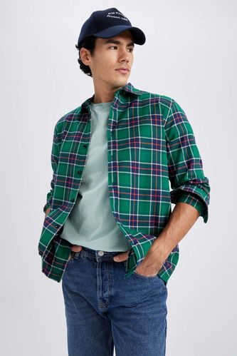 Regular Fit Polo Collar Flanel Plaid Long Sleeve Shirt