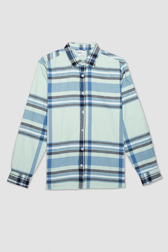 Regular Fit Polo Collar Flanel Plaid Long Sleeve Shirt