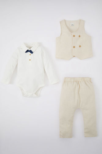 Baby Boy Long Sleeve Snap Fastener Body Linen Vest Trousers 3-Piece Set
