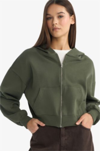 Crop Hooded Thick Sweatshirt Fabric Cardigan