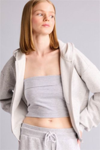 Women Grey Melange Crop Thick Sweatshirt Fabric Cardigan