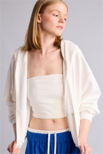 Woman White Cropped Fit Zip-Up Thick Fabric Hoodie