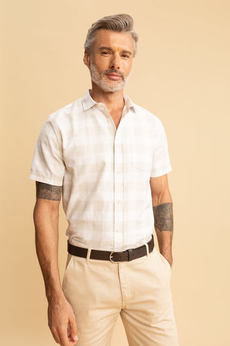 Regular Fit Shirt Collar Woven Plaid Short Sleeve Shirt