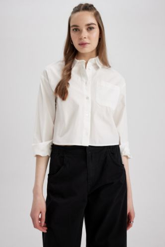 Coool Crop Top Shirt Collar Long Sleeve Shirt
