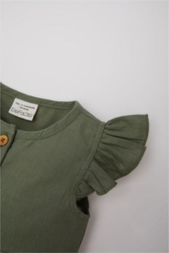 Kız Bebek Basic Düz Kısa Kollu Flamlı Poplin Elbise