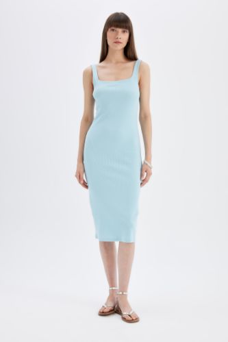 Bodycon Vücuda Oturan Basic Düz Kare Yaka Fitilli Kaşkorse Kolsuz Midi Elbise