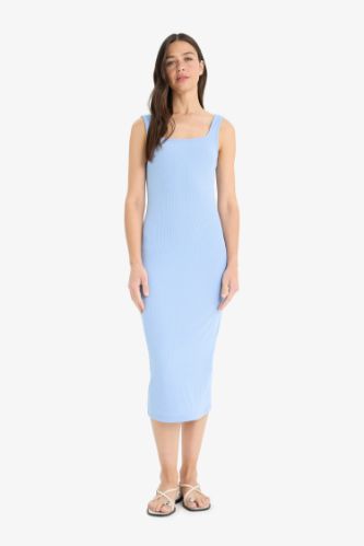 Bodycon Vücudu Saran Kare Yaka Fitilli Kaşkorse Askılı Midi Elbise