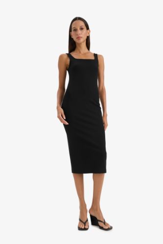 Bodycon Vücudu Saran Kare Yaka Basic Düz Fitilli Kaşkorse Askılı Midi Siyah Elbise