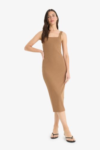 Bodycon Vücudu Saran Kare Yaka Fitilli Kaşkorse Askılı Midi Elbise