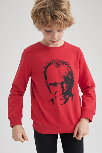 Erkek Çocuk Atatürk Baskılı Bisiklet Yaka Kırmızı Sweatshirt