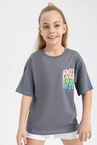 Kız Çocuk Relax Fit Sırt Baskılı Kısa Kollu Tişört