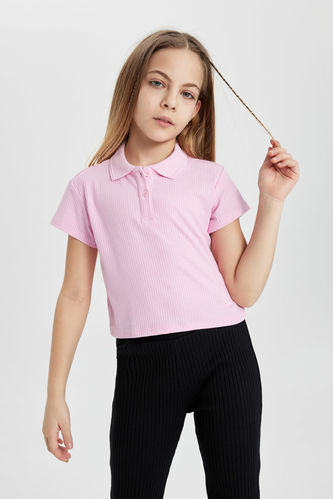 Kız Çocuk Slim Fit Polo Yaka Basic Fitilli Kaşkorse Kısa Kollu Polo Tişört
