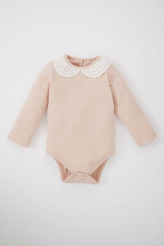 Baby Girl Embroidered Collar Organic Cotton Ribbed Camisole Long Sleeve Snap Snap Body