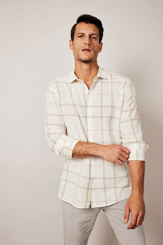 Modern Fit Polo Collar Woven Plaid Long Sleeve Shirt