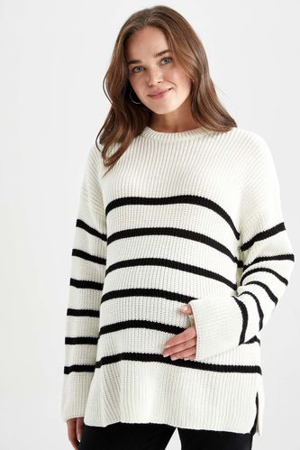 Standard Fit Crew Neck Striped Knitwear Maternity Sweater