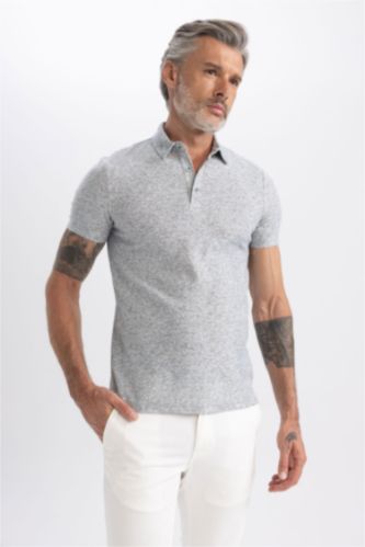HOMME Gris Polo Coupe Moderne Micro Print Col Polo