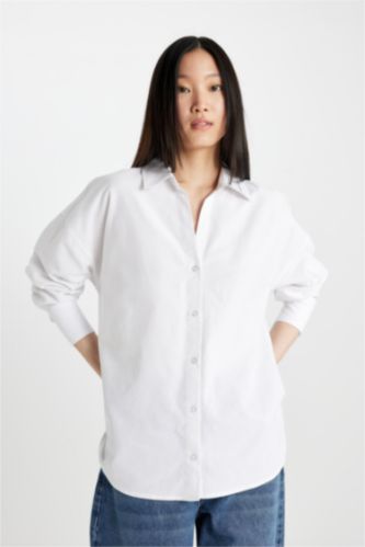 FEMME Blanc Chemise en Oxford Oversize à Col Boutonné et Manches Longues