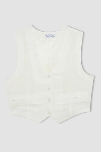 Regular Fit Linen Blend White Blazer Vest