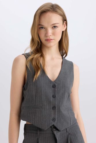 Regular Fit Blazer Yelek Crop Basic Düz Düğmeli