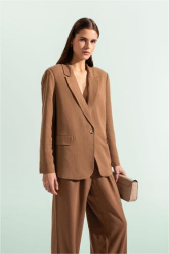 FEMME Marron Veste Blazer en Lin mélangé à coupe classique