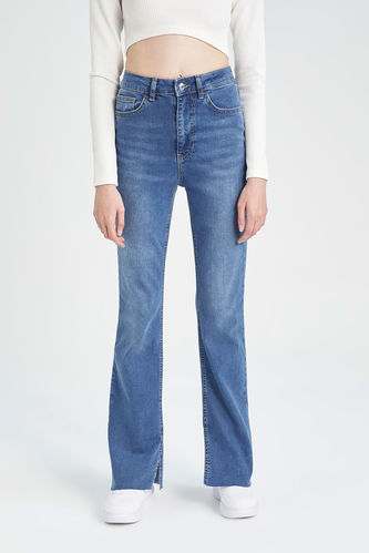 Slim Flare Yüksek Bel Paça Ucu Kesik Uzun Jean Pantolon