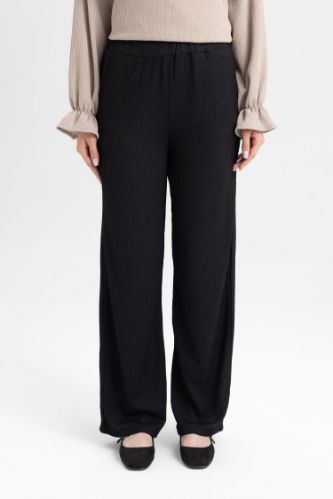 Relax Fit Beli Lastikli Basic Düz Bürümcük Siyah Pantolon