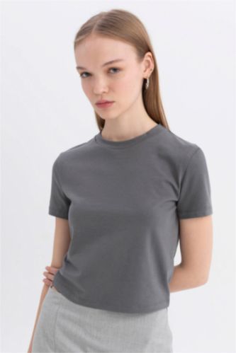 Kadın Gri Fitted Bisiklet Yaka Basic Tişört