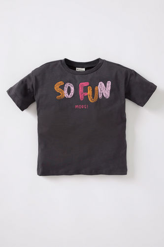 Baby Girl Regular Fit Crew Neck Slogan Printed Short Sleeved T-Shirt